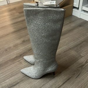 Zara nwt sparkle silver pointy toe heeled knee high boots